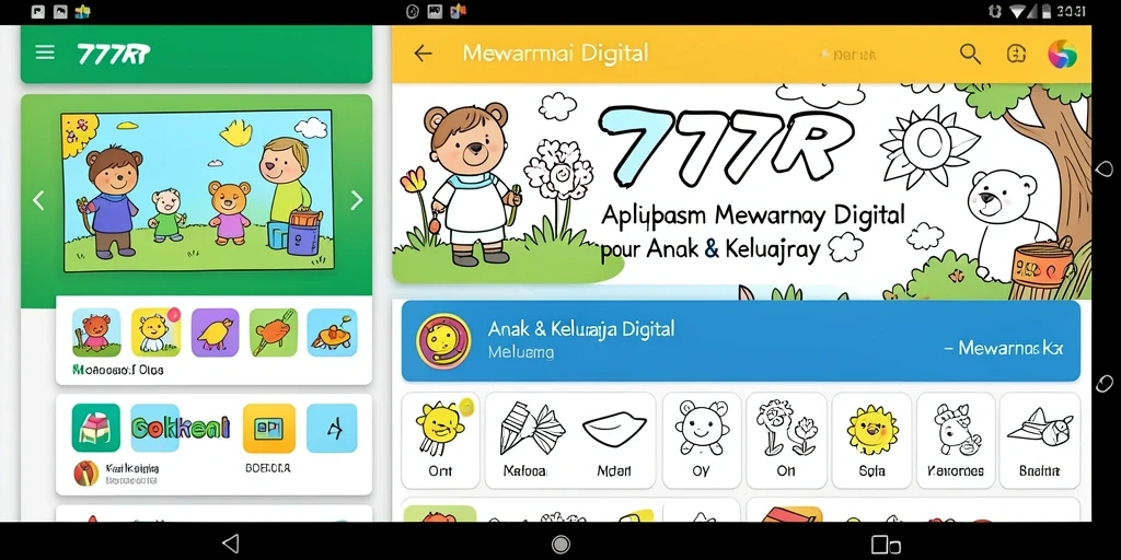 Antarmuka aplikasi 777RT menunjukkan berbagai gambar untuk mewarnai.