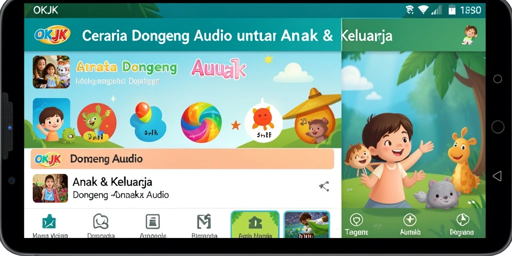 Tampilan utama OKJK menampilkan berbagai cerita Dongeng Audio menarik.