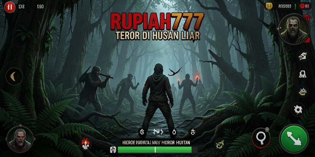 Antarmuka pengguna RUPIAH777 dengan nuansa horor hutan yang mendebarkan.